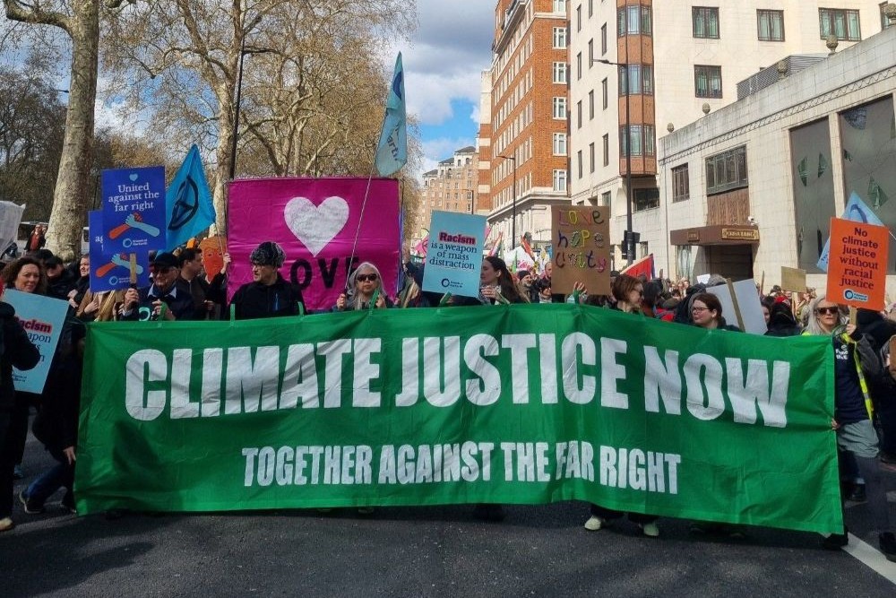 Banner: Climate Justice Now: Together Against the Far Right