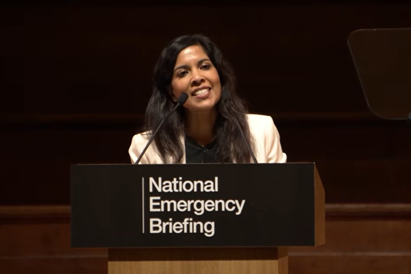 screenshot from the video of Tessa Khan speaking at the National Emergency Briefing